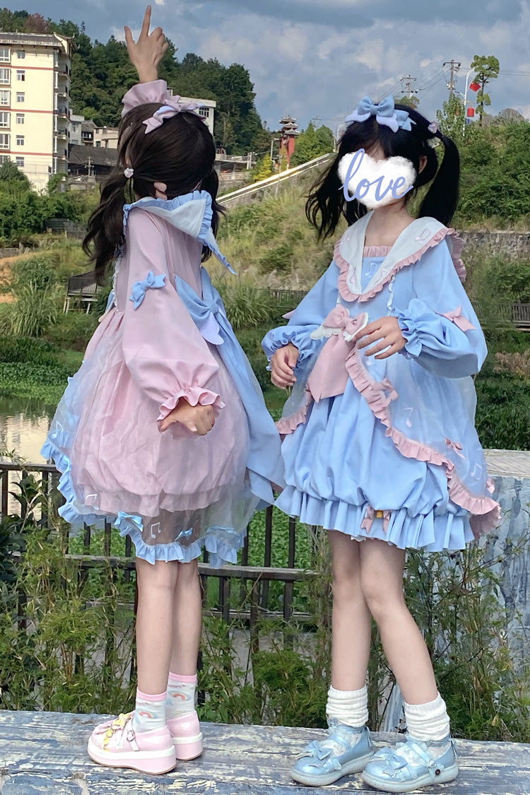 Pink Long Sleeves Music Notes Print Ruffle Bowknot Lace Sweet Lolita Dress - Product - 2