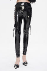 Black Patent Leather Side Cutout Lace Up Women's Punk Pants - Product - 2