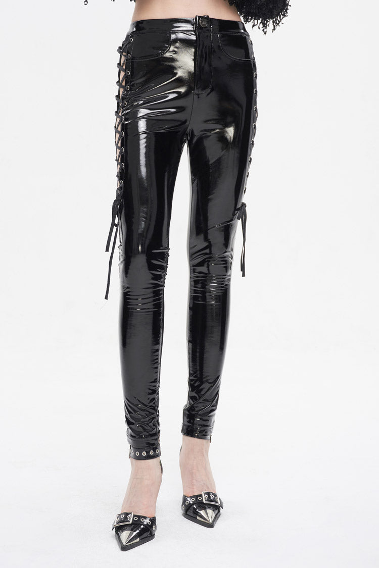 Black Patent Leather Side Cutout Lace Up Women's Punk Pants - Product - 2