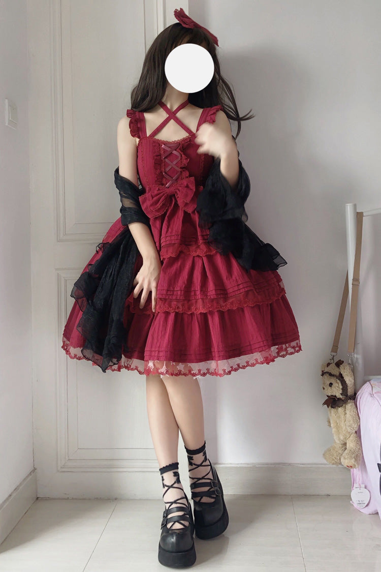 Red First Love Triple-Layered Ruffle Bowknot Lace Sweet Lolita Jsk Dress - Product - 3