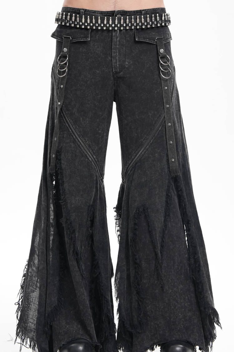 Black Ripped Rings Studs Men's Gothic Pants - Black - 1
