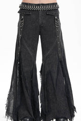 Black Ripped Rings Studs Men's Gothic Pants - Black - 1