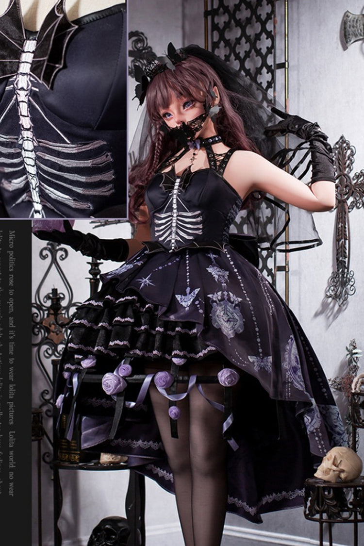 Black [Feast of Bones] Halterneck Multi-Layered Print Ruffle Lace Gothic Elegant Lolita Jsk Dress - Product - 5