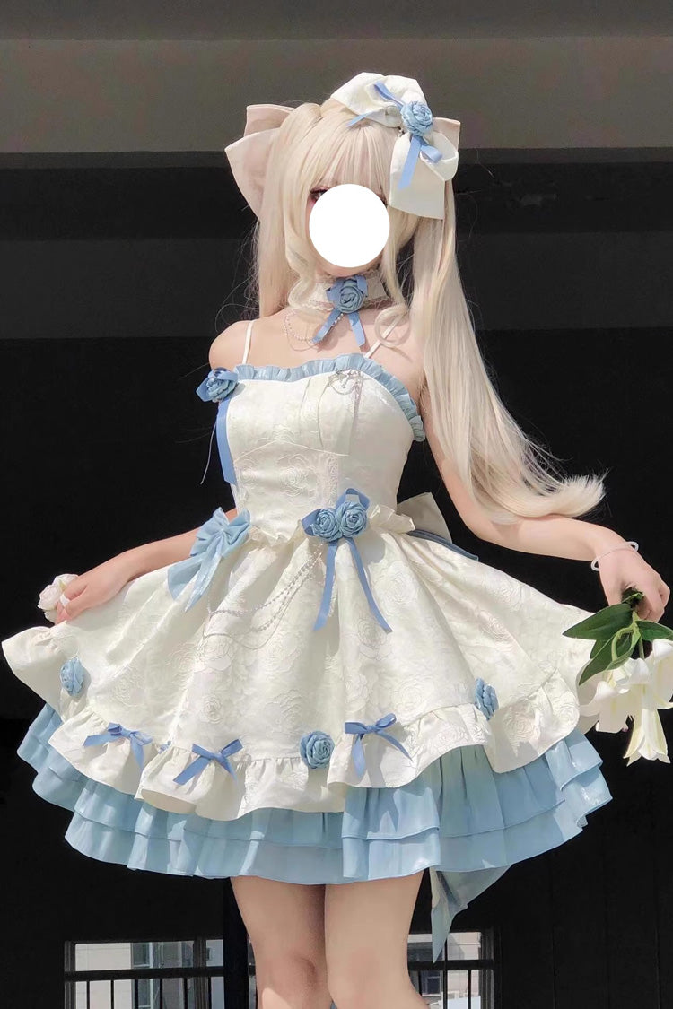 Apricot/Blue Print Ruffle Bowknot Sweet Princess Lolita Jsk Dress - Apricot/Blue - 1
