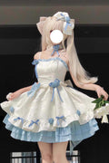 Aprikose/blauer Aufdruck, Rüschen, Schleife, süße Prinzessin (Kleid einzeln), Vorderansicht