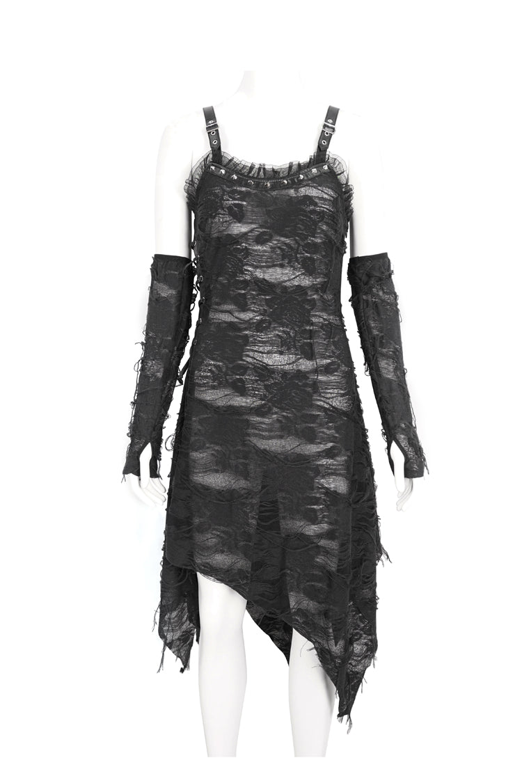 Black Sleeveless Lace Irregular Womens Gothic Strap Dress - Product - 7