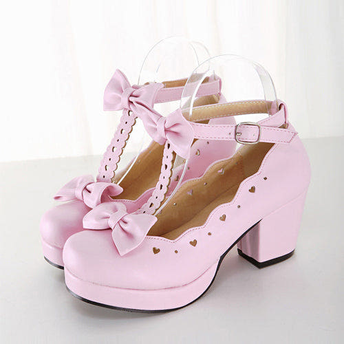Bowknot Heart-shaped Hollow Out Lolita High Heel Shoes - Pink - 1