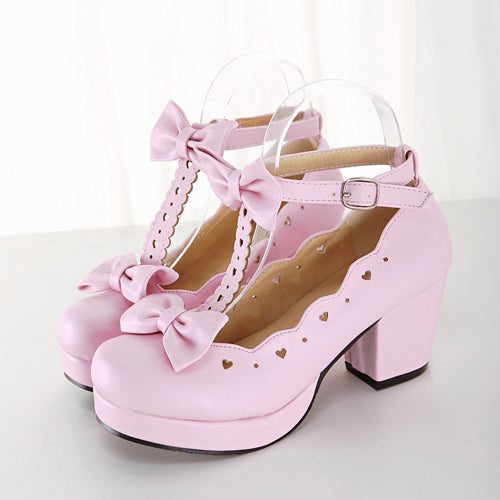 Bowknot Heart-shaped Hollow Out Lolita High Heel Shoes - Pink - 1