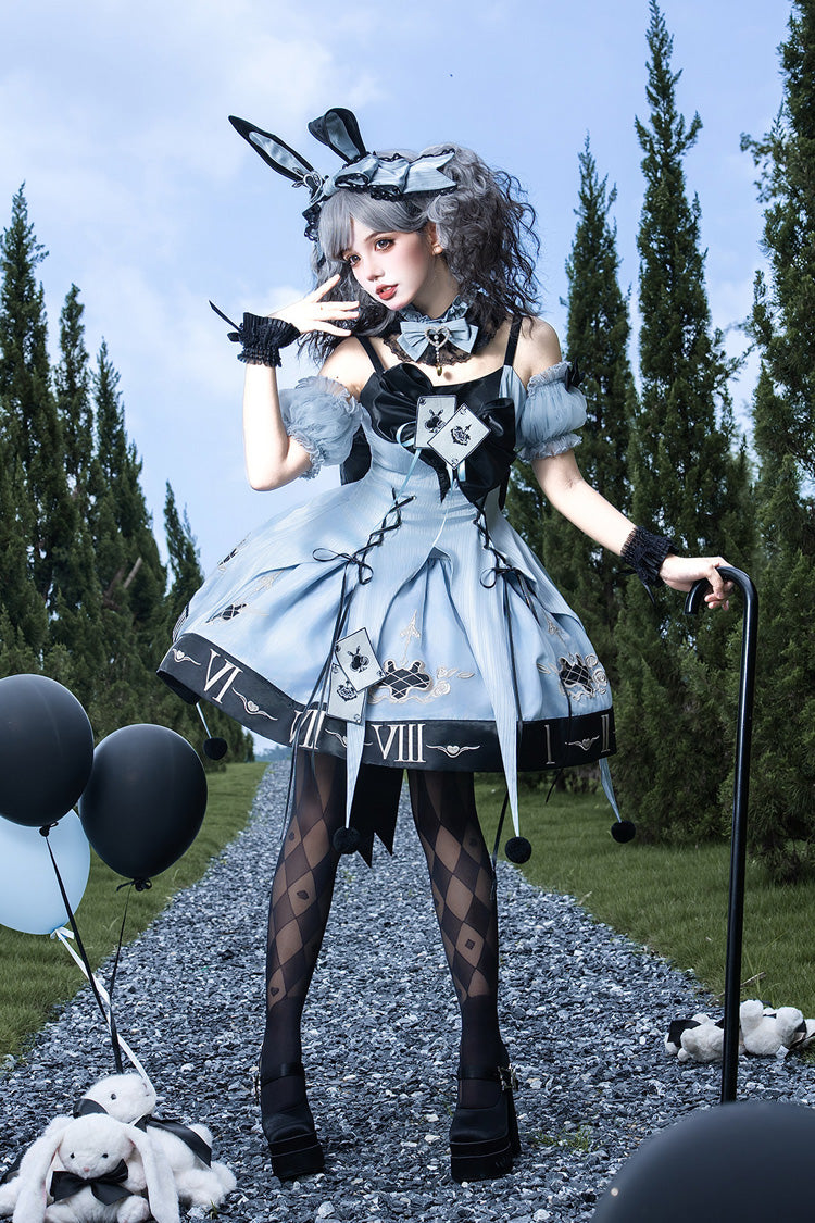 Blue [The Clock Rabbit's Card Game] Sleeveless Jacquard Ruffled Embroidered Bow Lace-Up Gothic Lolita Jsk Dress - Product - 12