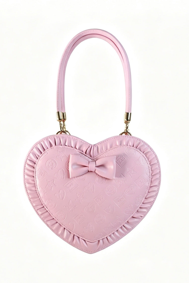 Heart‑Shaped Bow Sweet Lolita Handbag/Crossbody with Ruffled Trim 3 Colors - Pink - 2