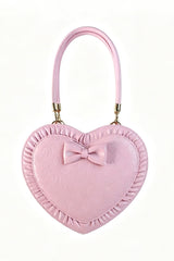 Heart‑Shaped Bow Sweet Lolita Handbag/Crossbody with Ruffled Trim 3 Colors - Pink - 2
