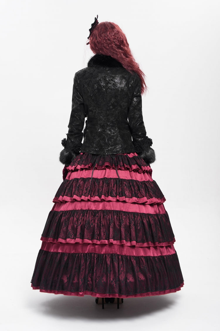 Black Long Sleeves Rose Floral Embroidery Buckle Straps Women's Gothic Coat - Product - 7