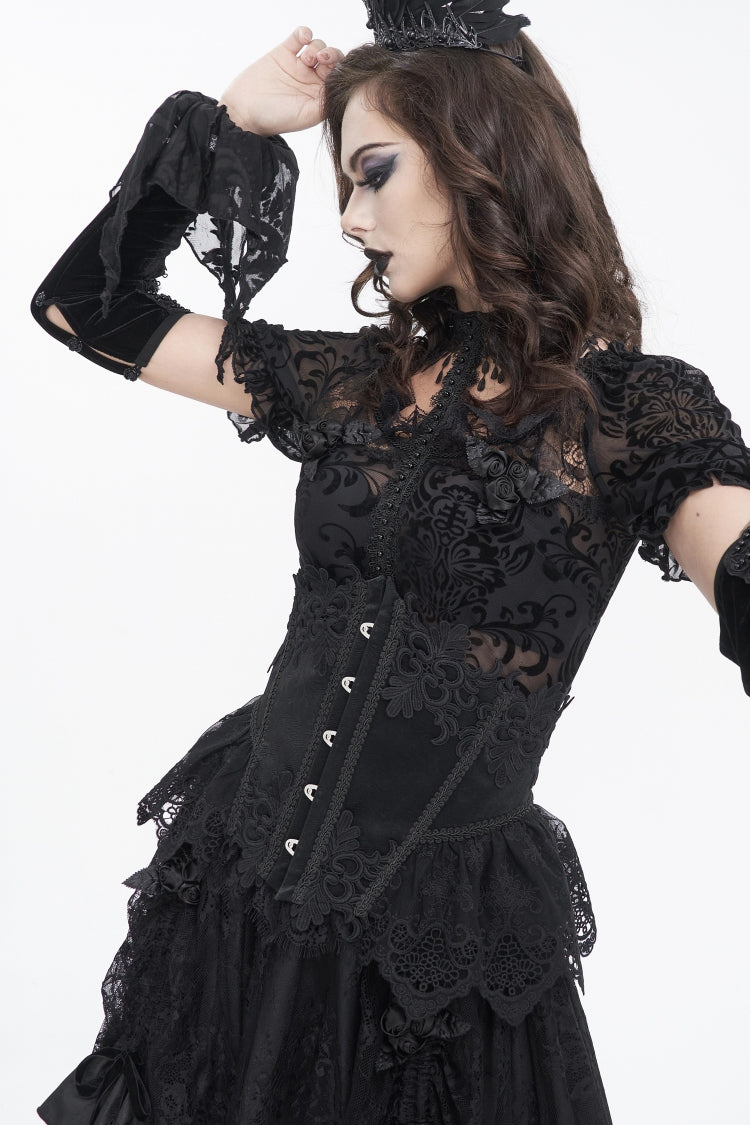 Black Embroidered Patchwork Lace Lace-Up Slim Fit Mesh Eyelet Women's Gothic Luxurious Royal Underbust Corset - Product - 6