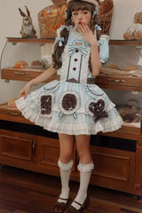 Light Blue Sea Salt Cookies Short Sleeves Print Ruffle Bowknot Sweet Lolita Dress - Product - 5