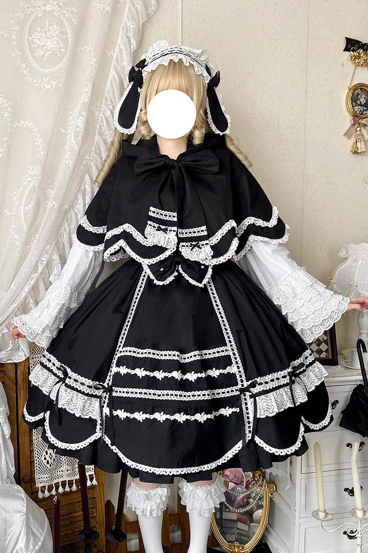 Black [Petal Bunny] Cotton Sleeveless Ruffled Bow Lace Sweet Elegant Lolita Jsk Dress - Product - 4