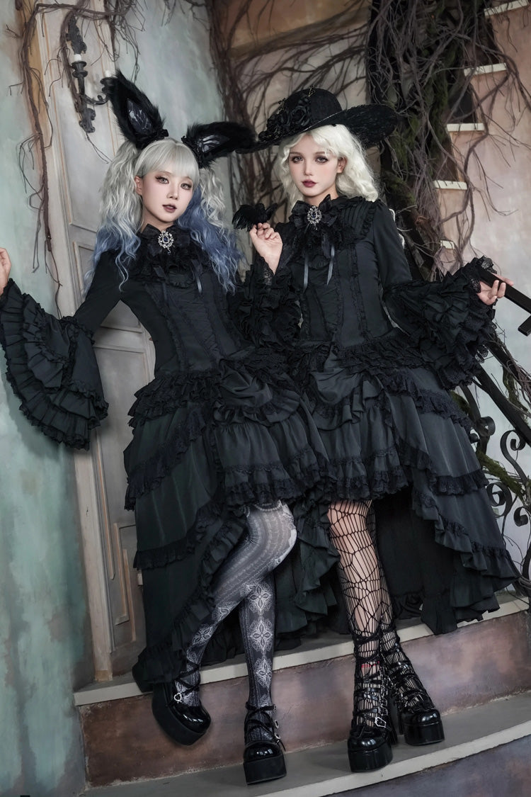 Black [Immortal Phoenix] Long Hime Sleeves Multi-Layered Ruffled Bow Lace-Up Gothic Lolita Skirt Dress Set - Black - 1