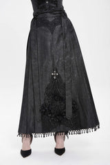 Black Floral Cross Embroidery Chain Women's Gothic Horse-face Long Skirt - Black - 1