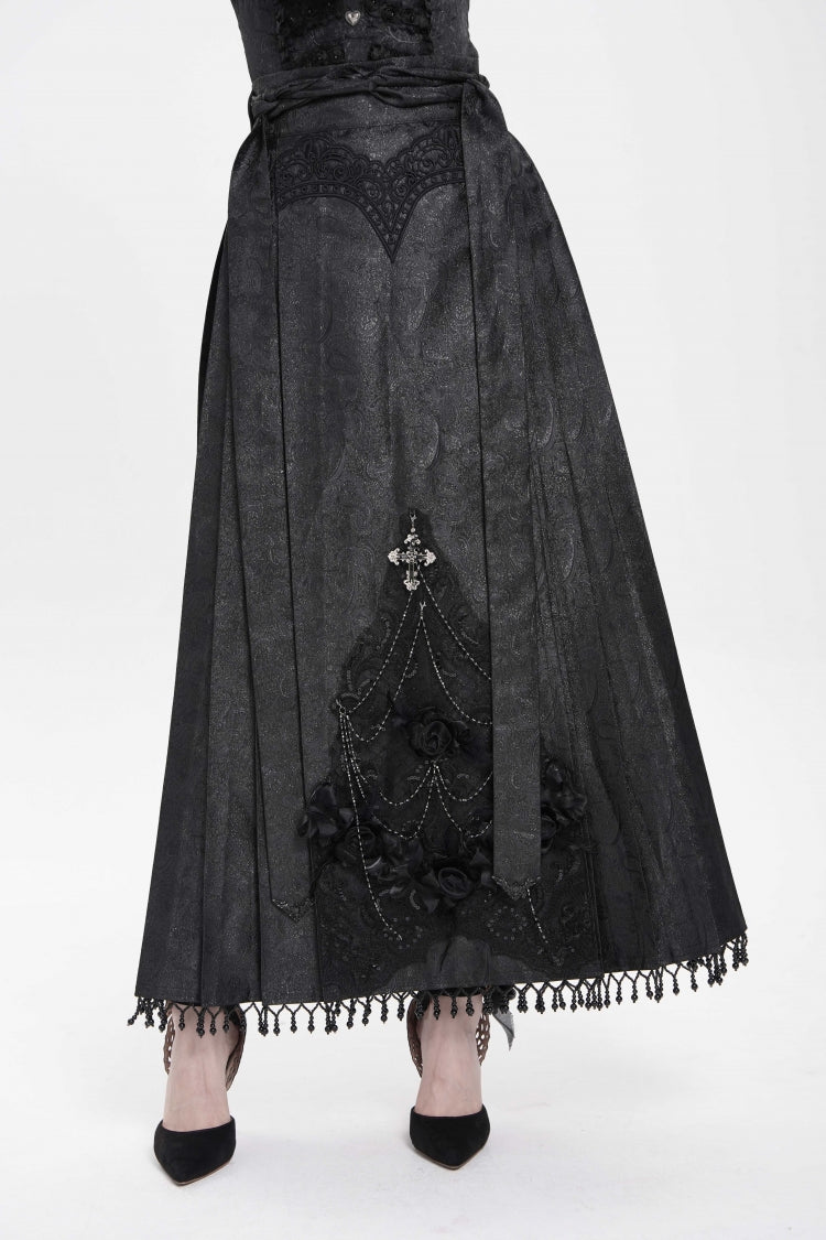 Black Floral Cross Embroidery Chain Women's Gothic Horse-face Long Skirt - Black - 1