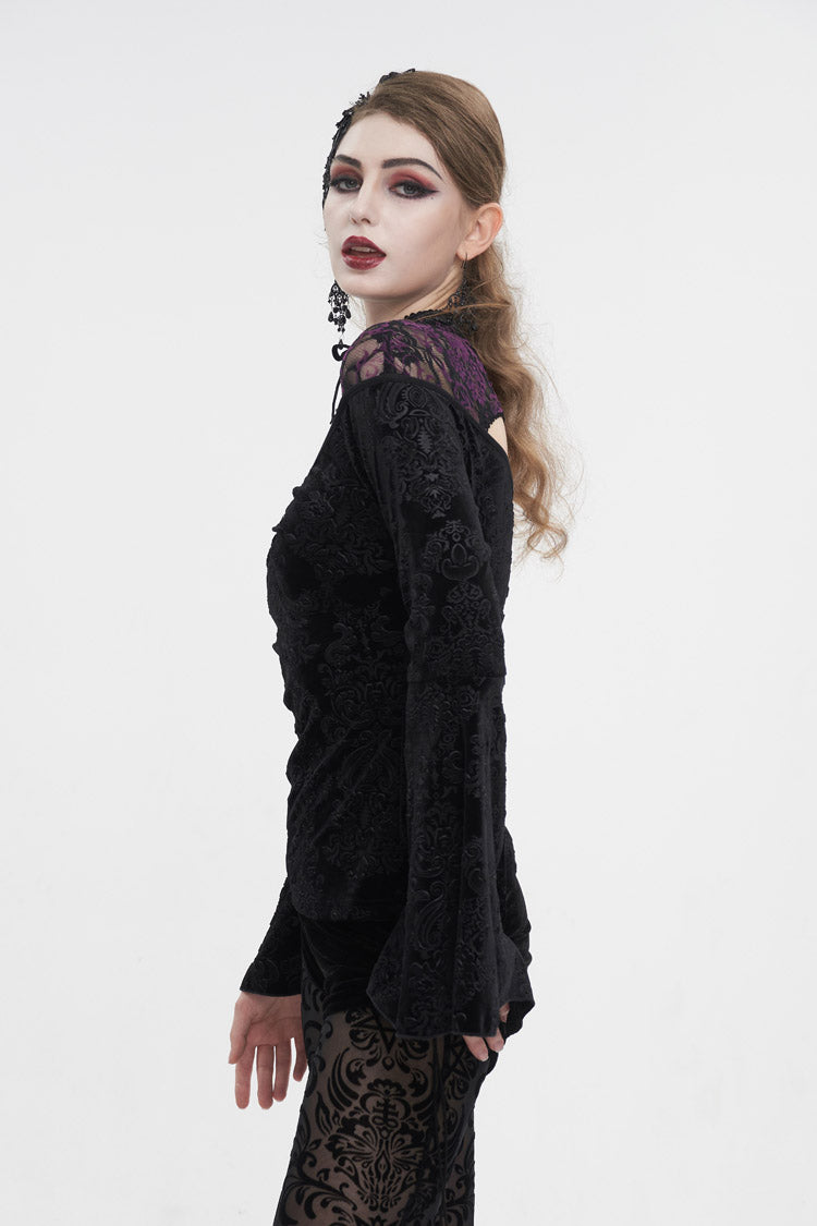 Black Cutout Flared Sleeved Floral Embossed Women's Gothic Shirt - Product - 3