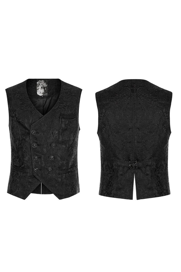 Black Punk Gorgeous V Neck Asymmetrical Relief Sculpture Jacquard Double Row Hand Seam Button Men's Vest - Product - 5