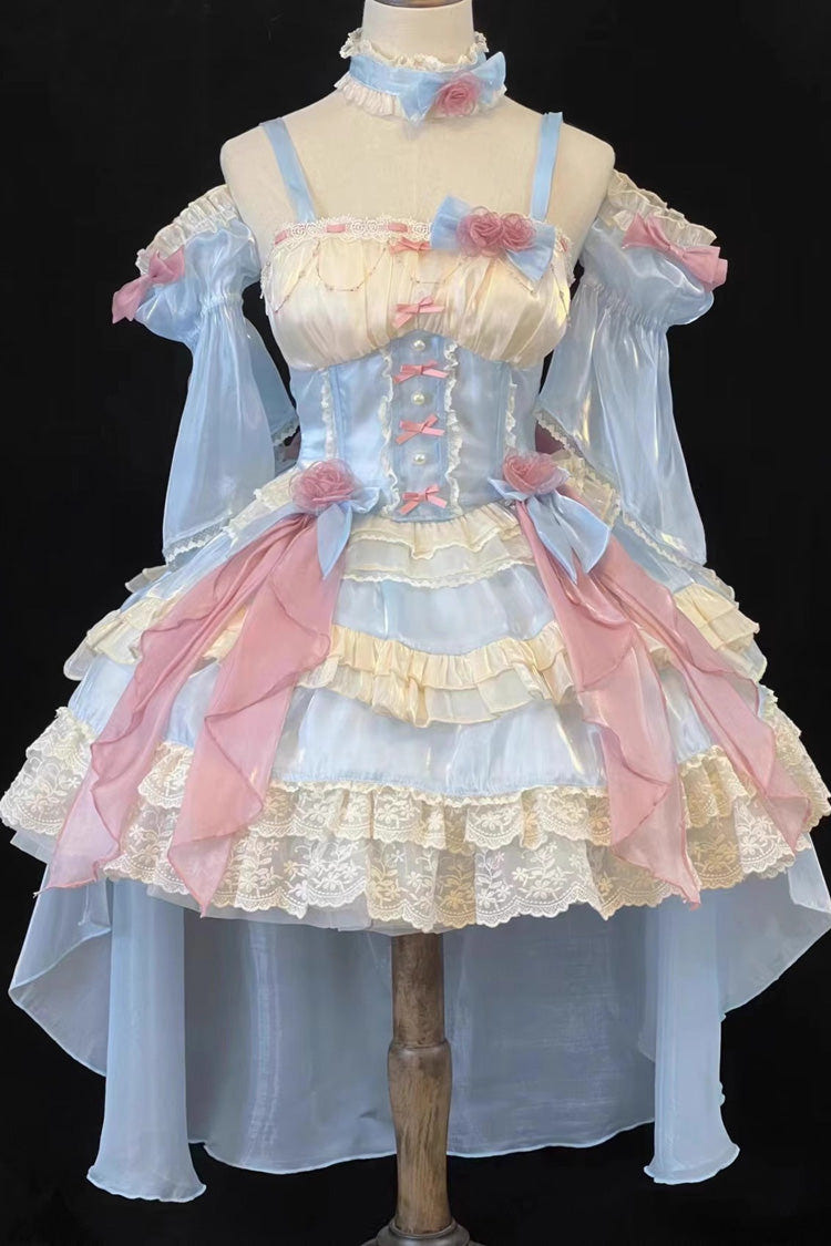 Blue [Heartbeat] Multi-Layered Ruffle Bowknot Lace Sweet Princess Lolita Jsk Dress - Product - 9