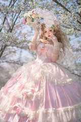 Pink [Love and Roses] Ruffle Hanayome Bowknot Lace Sweet Princess Lolita Jsk Dress - Product - 4