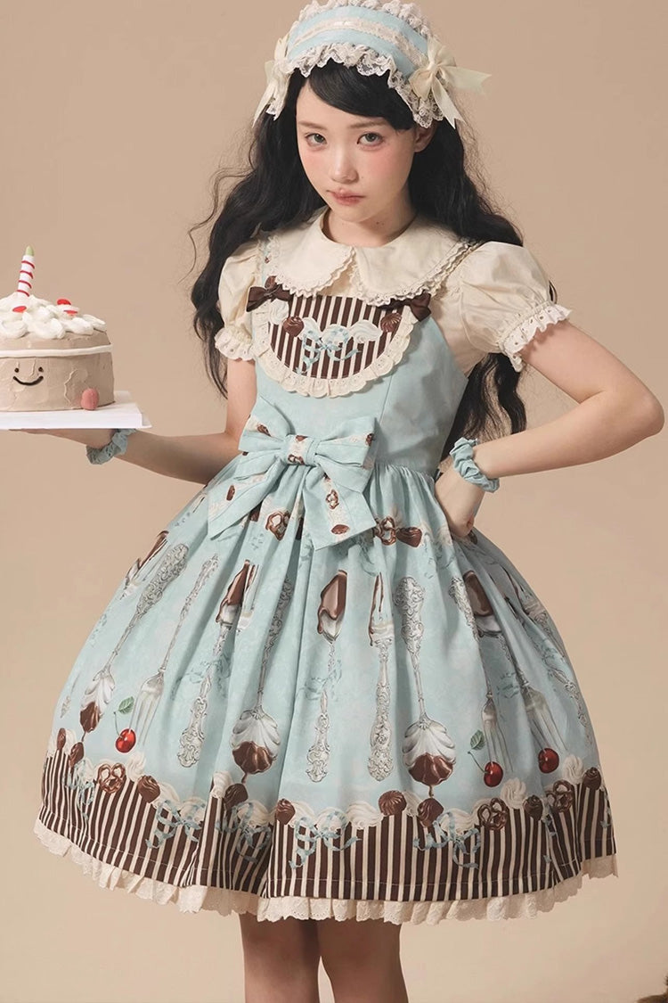 Blue/Green Sleeveless Print Bowknot Sweet Plus Size Lolita Jsk Dress - Product - 5