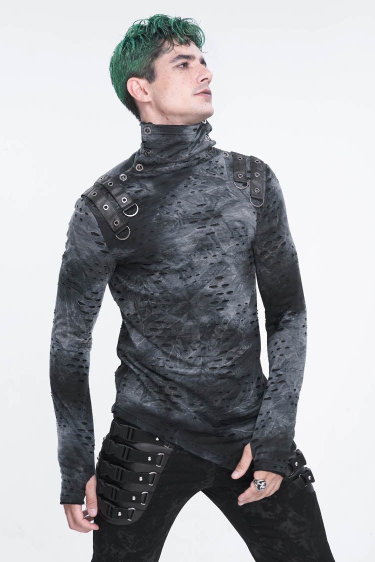 Grey/Black Lrregular Ripped Stand Collar Men's Punk Shirt - Product - 2