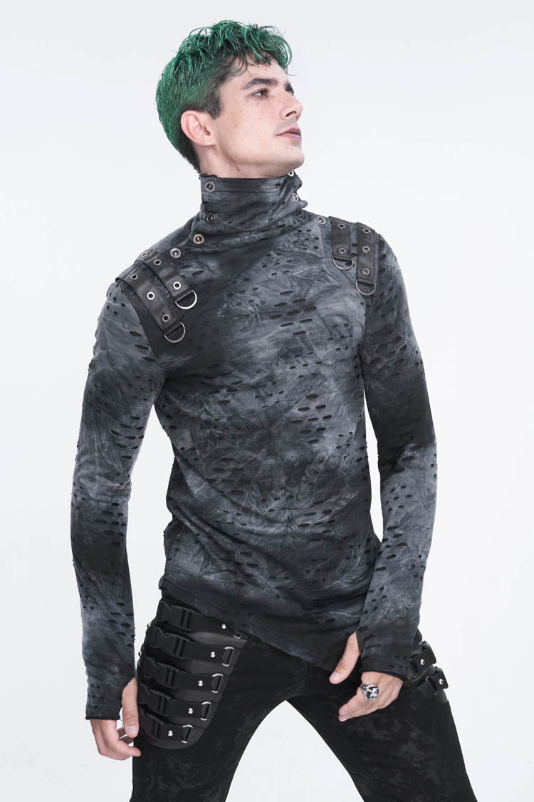 Grey/Black Lrregular Ripped Stand Collar Men's Punk Shirt - Product - 2