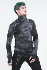 Grey/Black Lrregular Ripped Stand Collar Men's Punk Shirt - Product - 2