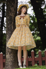 Yellow [Gardening Sunflower] Long Sleeves Print Ruffle Bowknot Sweet Elegant Lolita Dress - Product - 10