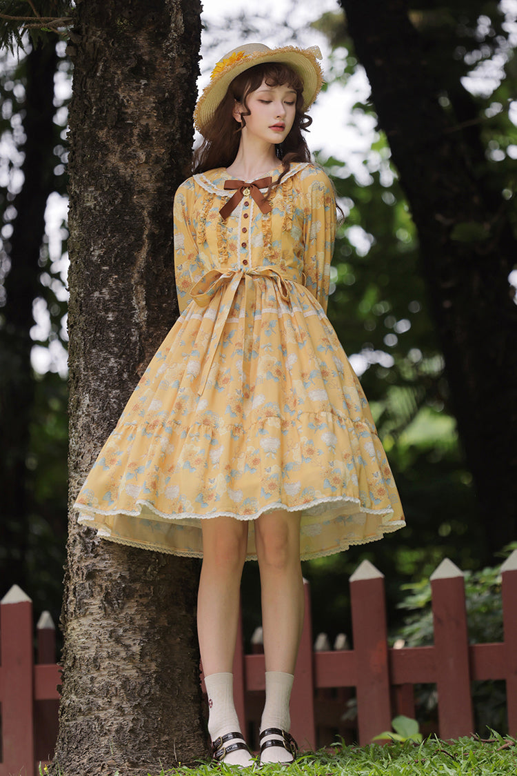 Yellow [Gardening Sunflower] Long Sleeves Print Ruffle Bowknot Sweet Elegant Lolita Dress - Product - 10