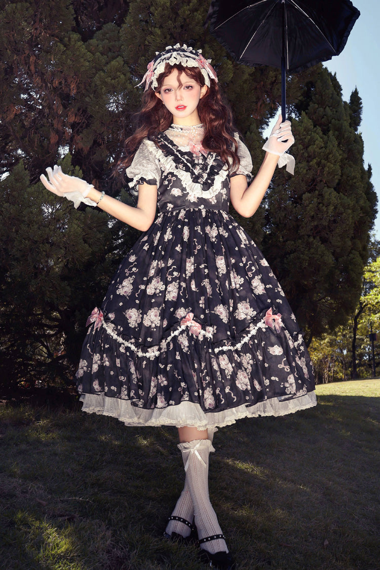 [Daydream Rose] Short Sleeves Floral Jacquard Print Ruffle Embroidery Bowknot Sweet Lolita Dress 3 Colors - Product - 24