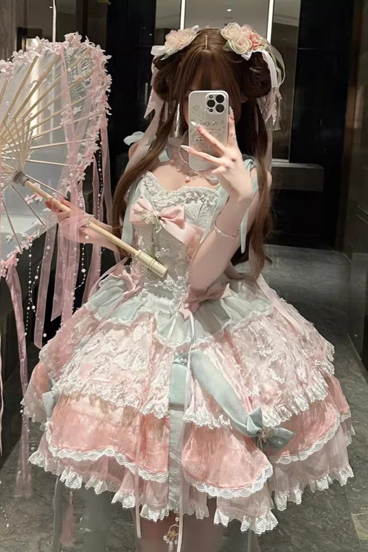 Pink/Green [Summer Lotus Breeze] Sleeveless Double-Layered Ruffled Bow Lace-Up Sweet Chinese Style Ballet Lolita Jsk Dress - Product - 4