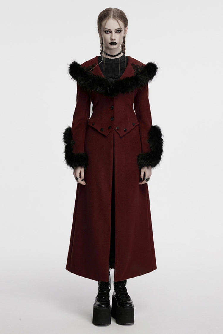 Red Long Sleeves Faux Fur Stitching Lace-Up Detachable Women's Gothic Coat - Red - 1