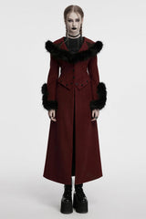 Red Long Sleeves Faux Fur Stitching Lace-Up Detachable Women's Gothic Coat - Red - 1