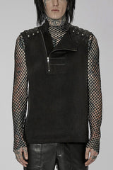 Black Punk Stand Collar Anterior Middle Asymmetry Design Zipper Shoulder Decorate Webbing Men's Vest - Black - 1