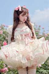 Pink/Beige Ballerina Style Bowknot Slim Fluffy Princess Sweet Lolita Tiered Dress - Product - 4