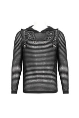 Black Striped Sheer Long Sleeve Men's Punk Sweatshirt Hooded - Product - 8