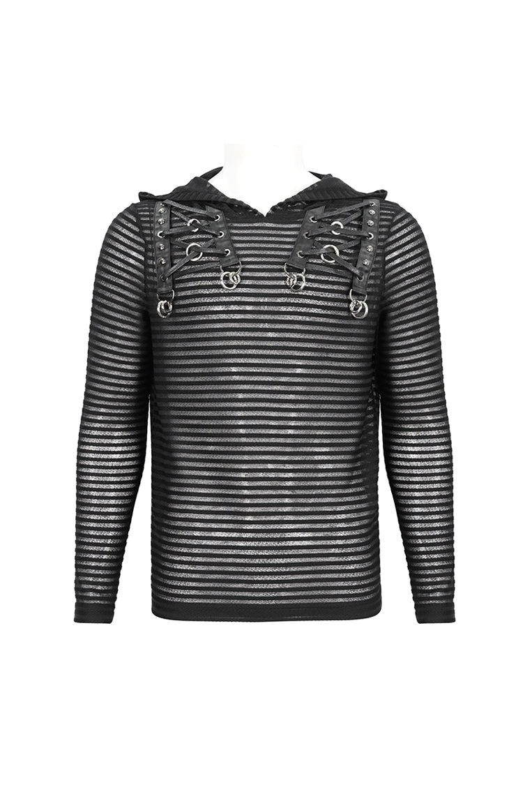 Black Striped Sheer Long Sleeve Men's Punk Sweatshirt Hooded - Product - 8