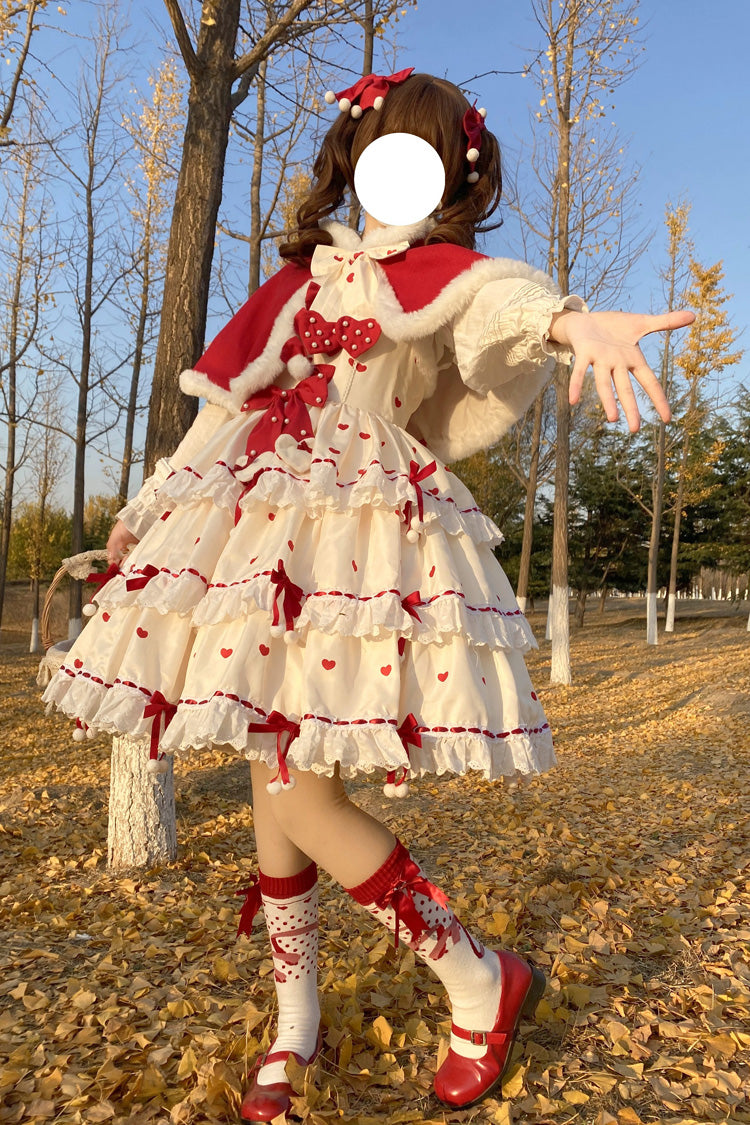 Red/Apricot Triple-Layered Print Ruffle Bowknot Lace Sweet Princess Lolita Dress Cloak Set - Product - 4
