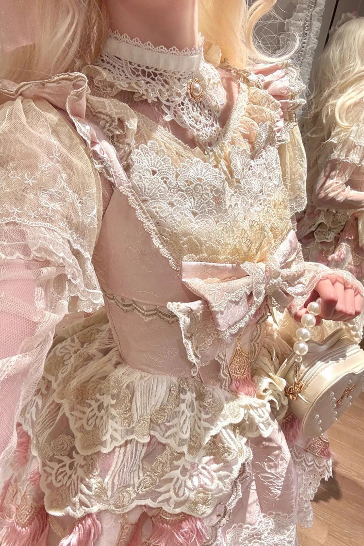 Pink [Peacock Feather] Multi-Layered Ruffle Hanayome Cardigan Bowknot Lace Sweet Lolita Jsk Dress Set - Product - 14