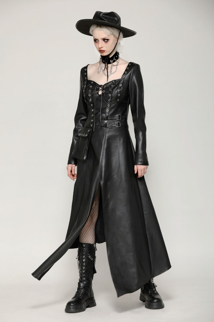 Black Women's Punk Long Sleeves Cut-Out Side Slit Irregular Hem Dress - Product - 8