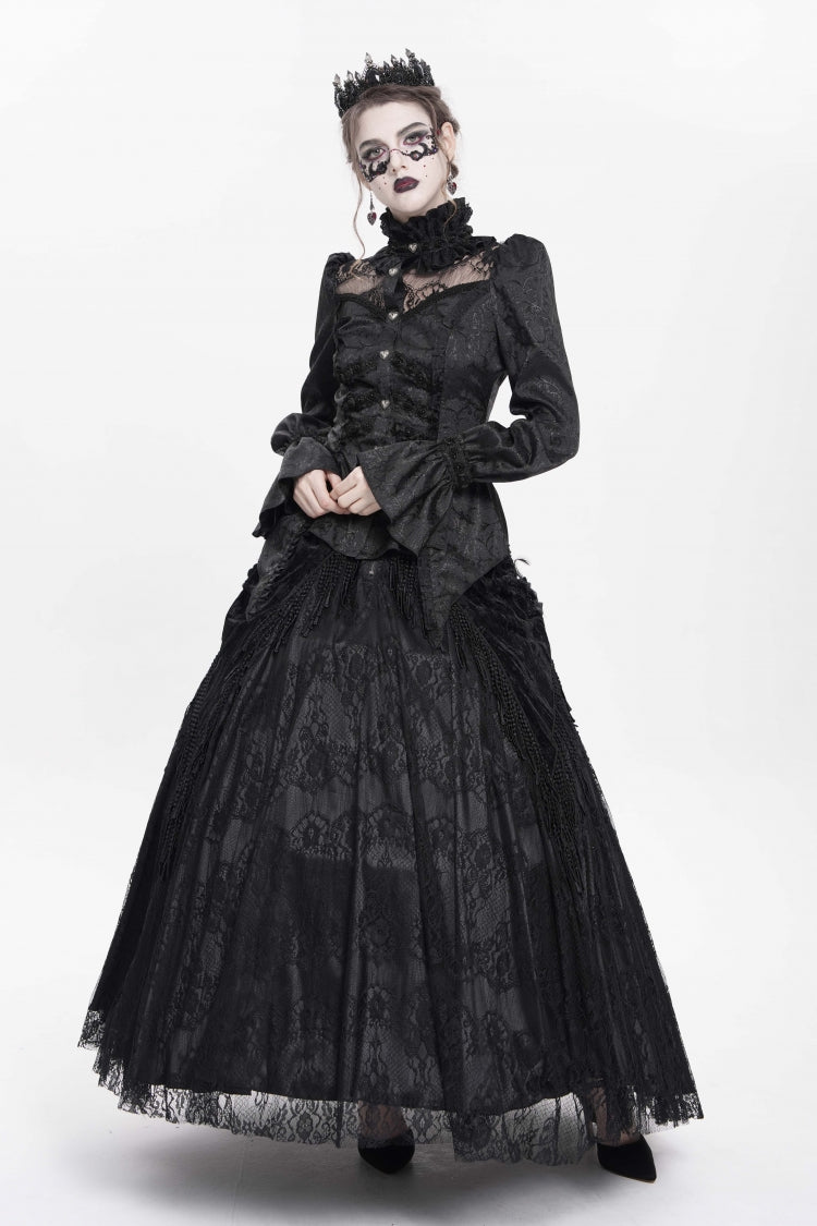 Black Stand Collar Long Sleeves Jacquard Hollow Lace Women's Gothic Blouse - Product - 10