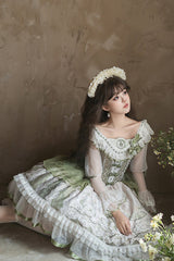 Green [Teacup Rabbit Little Fresh] Print Ruffle Bowknot Lace Lace-Up Sweet Lolita OP Dress - Product - 8