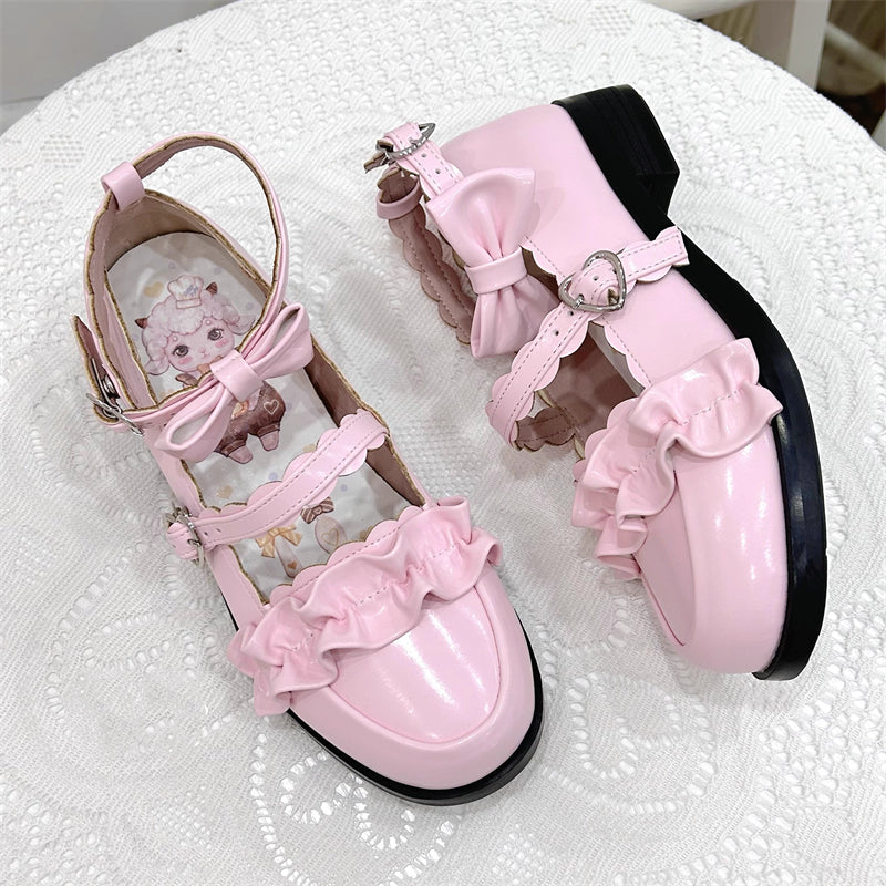 Sweet Ruffle Bowknot Japanese Lolita Shoes 15 Colors - Soft-Pink - 5