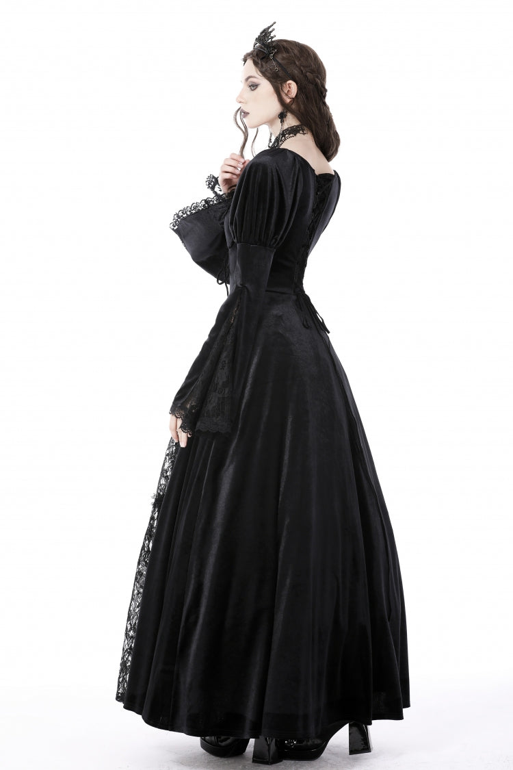 Black Long Puff Sleeves Spliced Lace Lace-Up Women's Gothic Vintage Velvet Wedding Dress - Product - 2