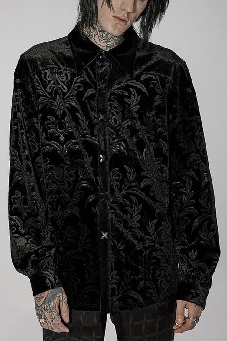 Black Stand Collar Floral Print Stitching Mens Gothic Blouse - Black - 1