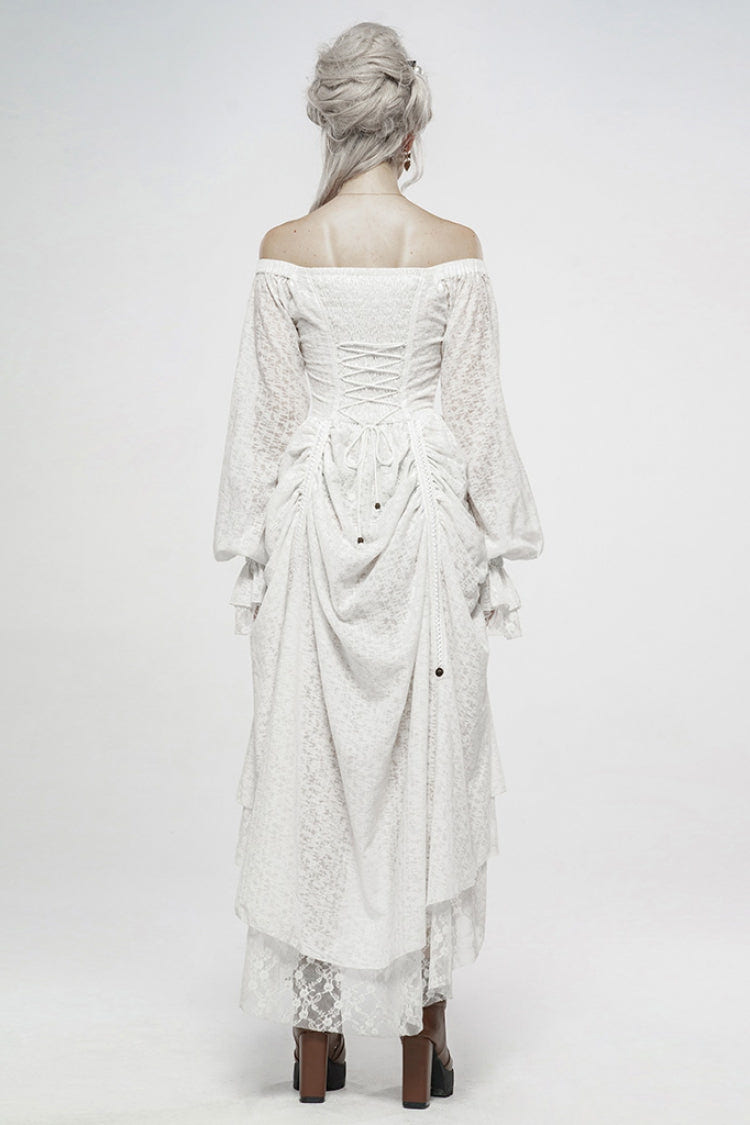 White Off Shoulder Long Puff Sleeves Ruffle Mesh Women's Gothic Dress - Product - 3