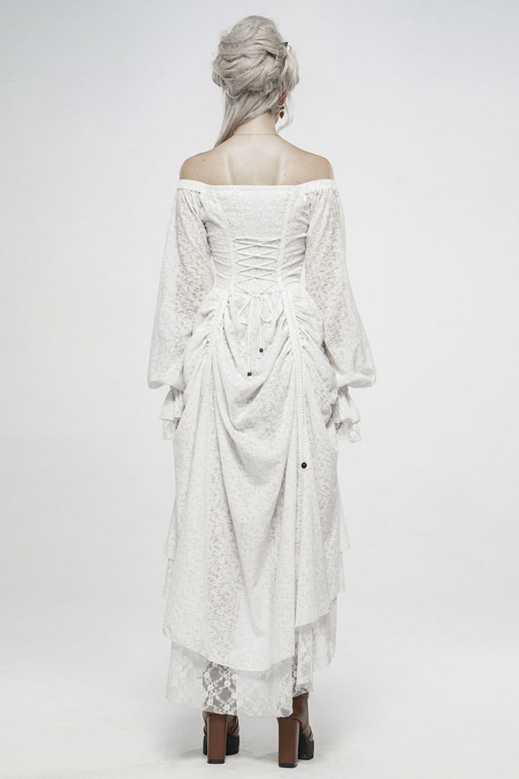 White Off Shoulder Long Puff Sleeves Ruffle Mesh Women's Gothic Dress - Product - 3